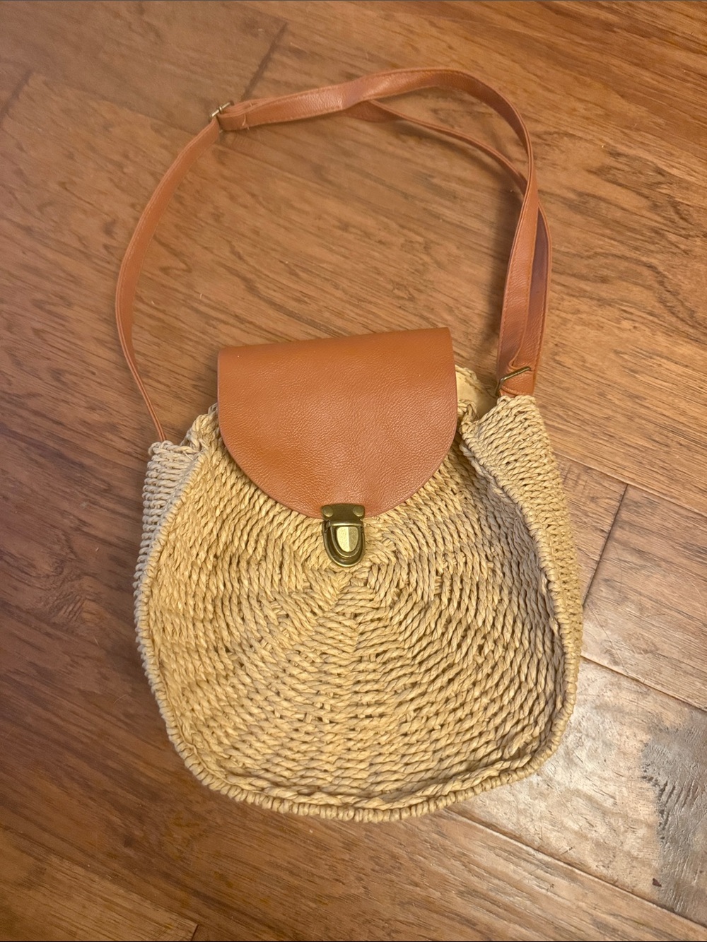 Woven Straw Crossbody Bag with Tan Leather Flap